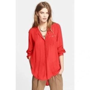 Free People red half button down boyfriend long sleeve tunic